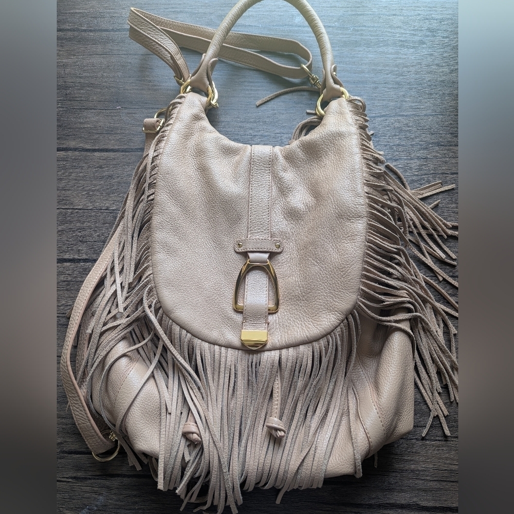 G.I.L.I Leather Fringe Crossbody/Shoulder/ Backpack Beige With Pink Undertone - Picture 5 of 15